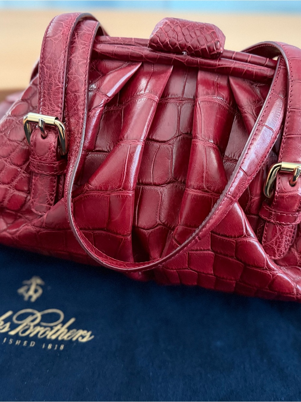 Brooks Brothers Burgundy Croc-Embossed Satchel with Gold Hardware